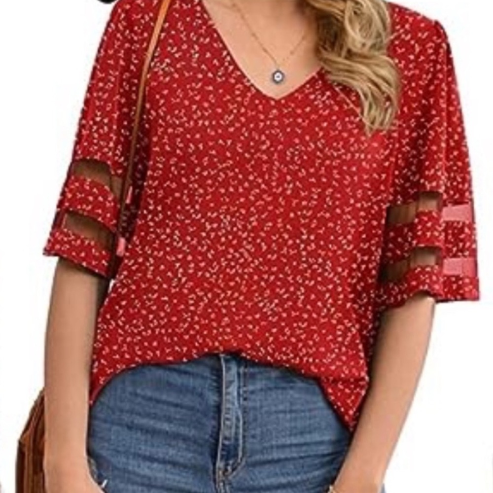 JOUICA Women’s Rust Red & Cream Print w/ Short Semi-sheer Sleeves Blouse